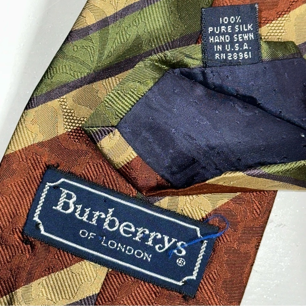 Burberry Vintage Handmade Burgundy Brown Striped Jacquard Print Silk Necktie Tie - Picture 6 of 8